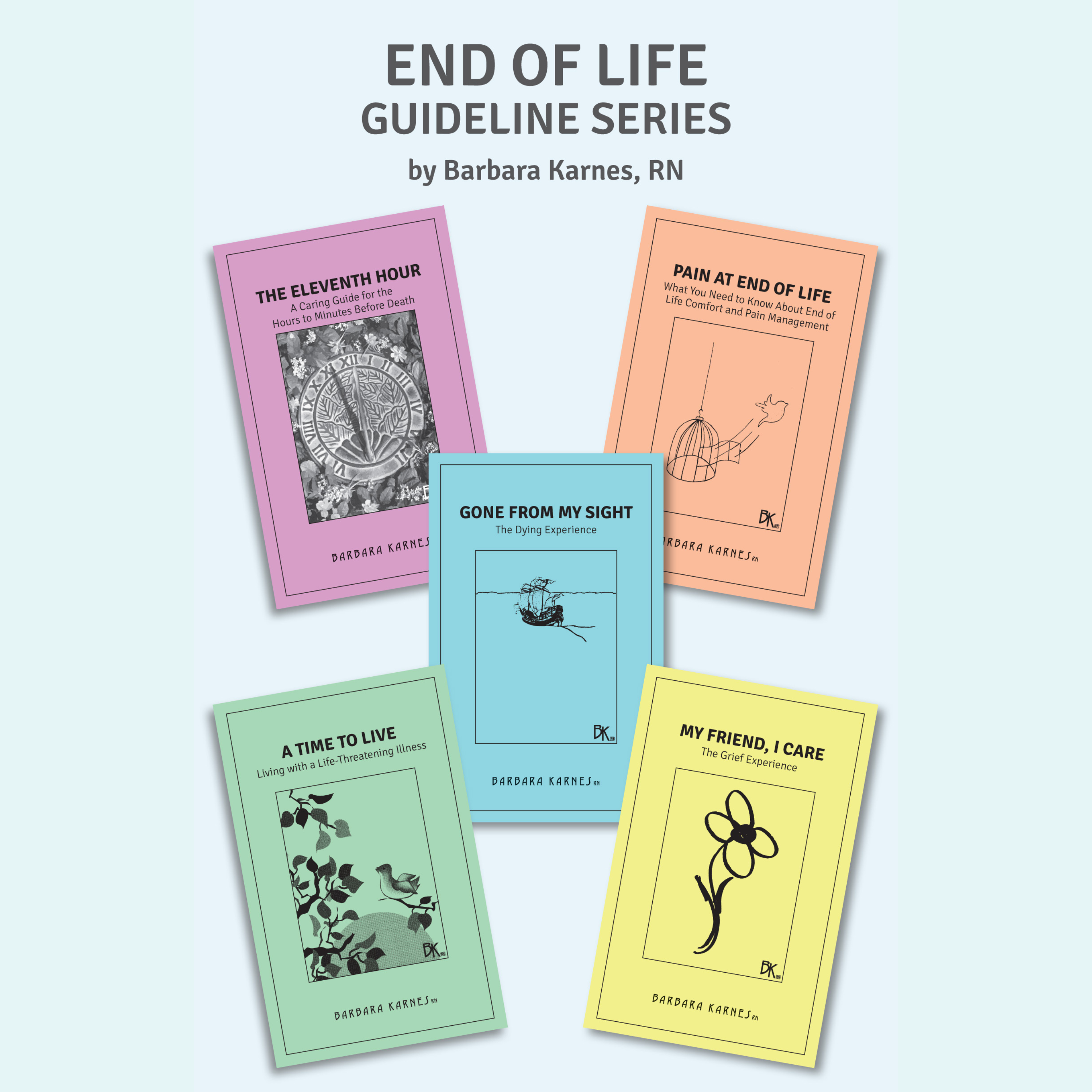 End of Life Guideline Series by Barbara Karnes, RN. Five hospice and end-of-life care booklets including Gone From My Sight, The Eleventh Hour, A Time to Live, Pain at End of Life, and My Friend, I Care for caregivers, families, and professionals.
