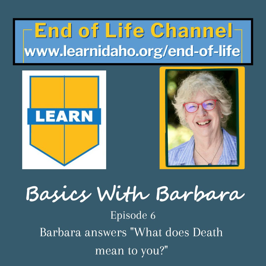 Basics With Barbara podcast with Learn Idaho Org, graphic: dark blue, yellow, light blue, photo of Barbara Karnes, RN