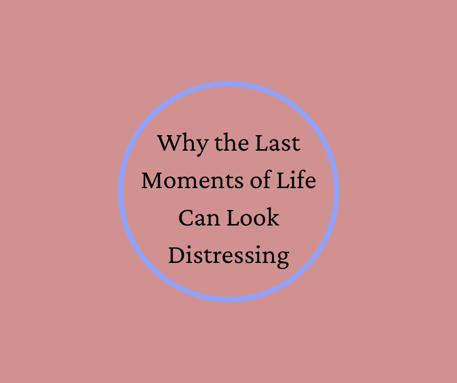 Why the Last Moments of Life Can Look Distressing article by Barbara Karnes, RN mauve graphic, blue circle black script
